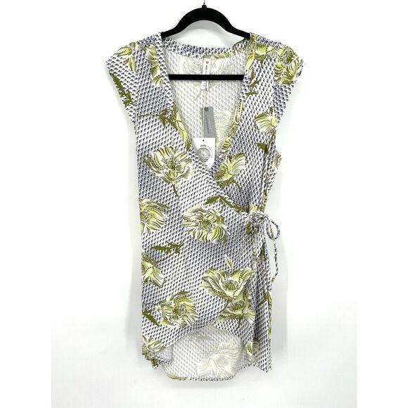 NWT ANTHROPOLOGIE Daily Practice Blue Green Floral Wrap Mini Dress Small Petite - Picture 3 of 10